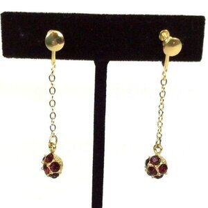 Vintage Gold Dangle Earrings With Red Faceted Stones & Screw Back Closure